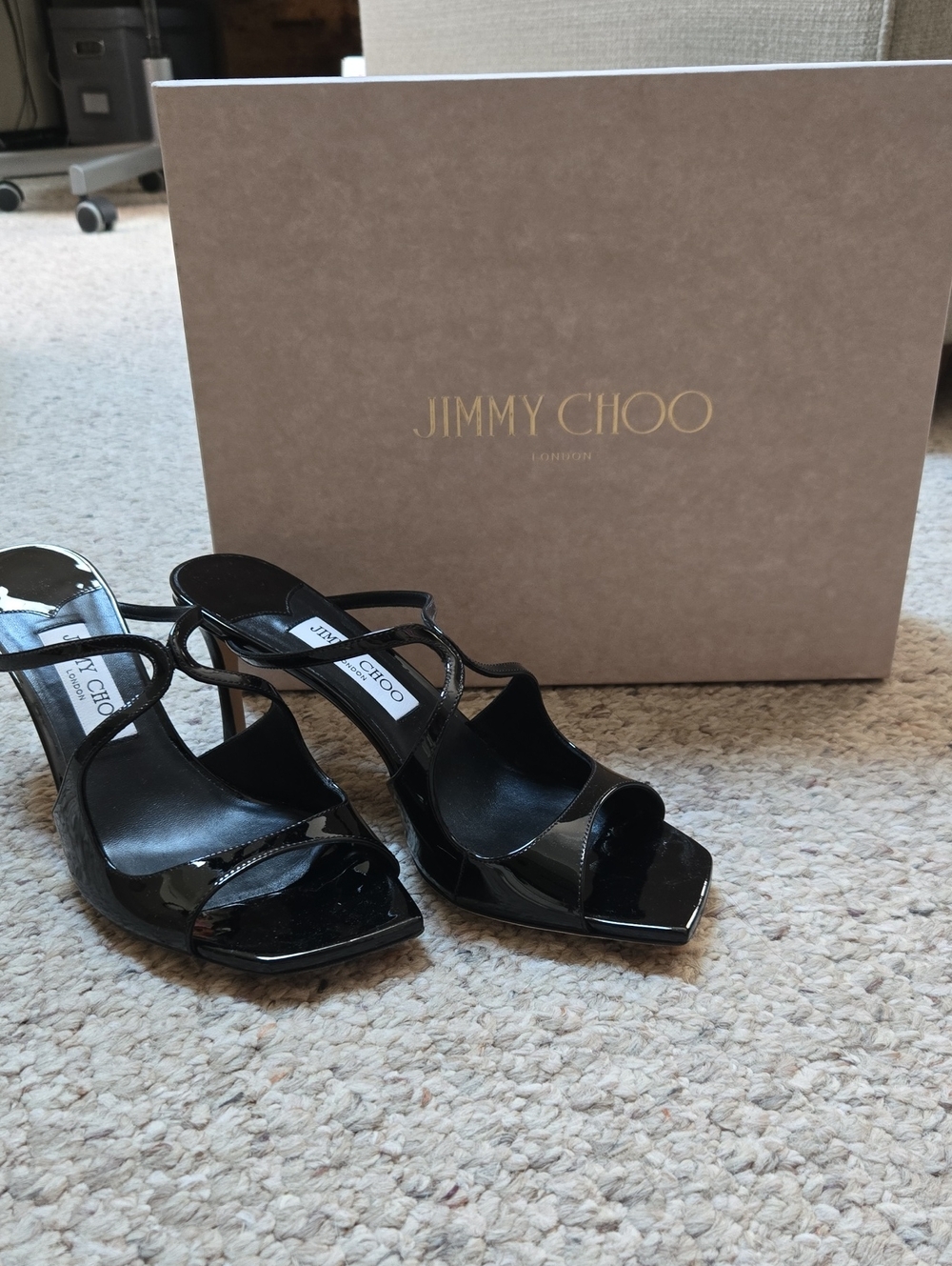 Jimmy Choo Black Patent Strappy Open-Toe Heels